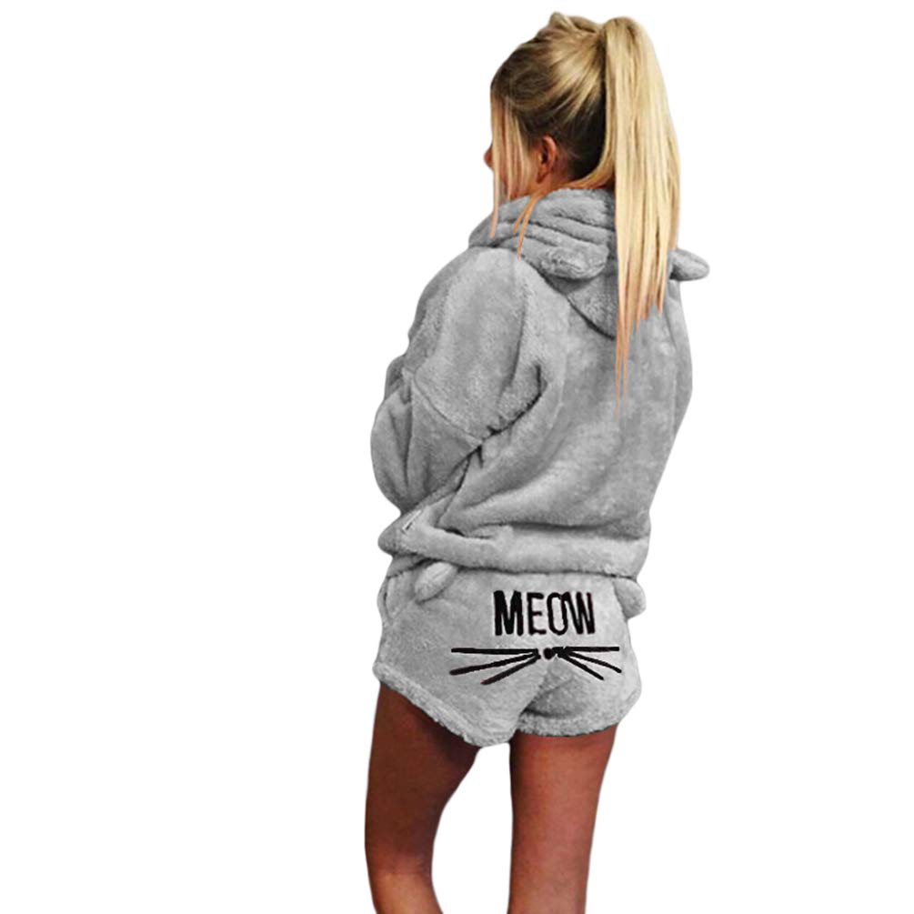 Ketamyy Women's Two-Piece Pajama Set Winter Warm Comfortable Sleepwear Cute Cat Ears Hooded Sweatshirt + Cat Embroidery Shorts Nightwear
