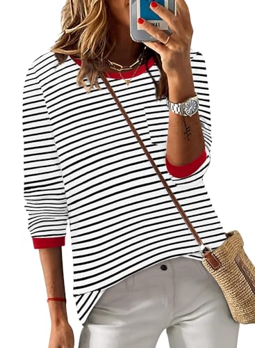 ONLYSHE Women's Casual Striped Long Sleeve Tops Crew Neck Knit Basic Loose Fit T Shirts Fall Fashion Tunic Outfits