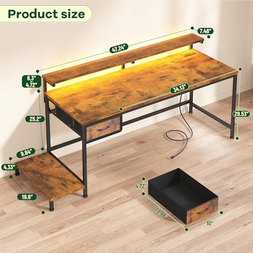 Image of 47.2 Inch Office Desk with Power Outlet & Ergonomic Monitor Stand,Gaming Desk with CPU Stand& LED Lights,Computer Desk with Drawer for Home Work,Study Redroom and Gaming,Small Spaces,Rustic Brown