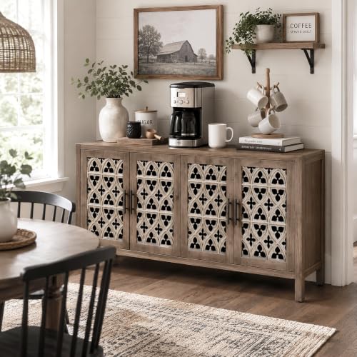 Image of Farmhouse Buffet Sideboard Cabinet, Vintage Carved Wood Storage Cabinet with Doors for Dining Room, Living Room & Entryway, Antique Brown