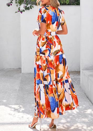 Image of PRETTYGARDEN Women's Summer Boho Floral Maxi Dresses | Bohemian Flower,Short Sleeve V Neck,Elastic Waist,A Line Tiered,Flowy Long,Pockets,Wedding Guest Party,Beach Vacation Outfits