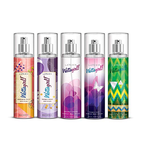 Layer’r Wottagirl Body Splash Combo Pack Of 5 (60 Ml)- Mandarin Twist, French Peony,Secret Crush, Amber Kiss, Spell Bound, Spray,Women