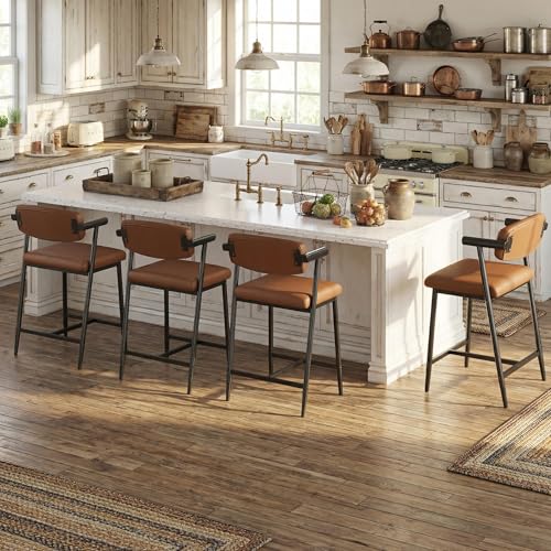 Image of GarveeHome Counter Height Bar Stools Set of 6 with Armrests, 26 inch Upholstered 6pcs Tall Bar Stools Set, Long Backrest & Extra Thick Cushion, Modern High Barstools for Kitchen Island, Pub, Coffee Brown