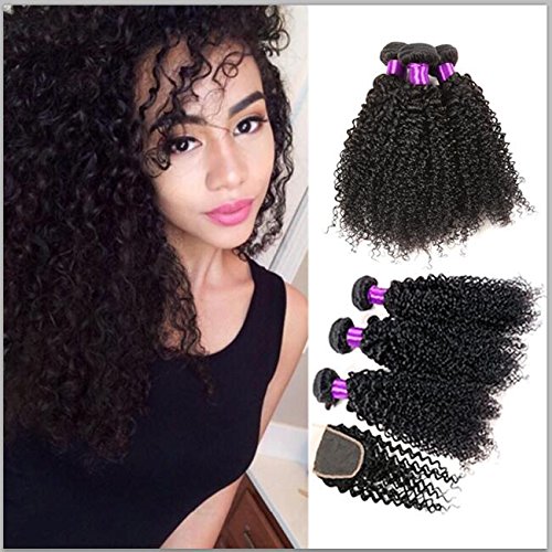 Queen Plus Hair 7a Unprocessed Human Hair Extensions Peruvian Curly Virgin Hair Weave Natural Color Curly Weave 3 Mix Length Hair Bundles with Lace Closure(20 20 20 with 18 Inch)