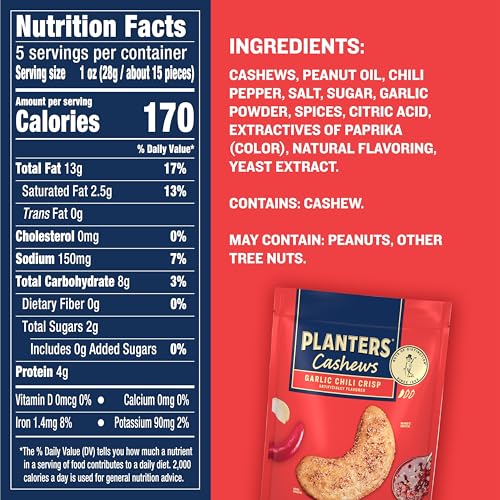 Image of PLANTERS Garlic Chili Crisp Cashews, Plant Based Protein, 5 Oz (1 Ct)
