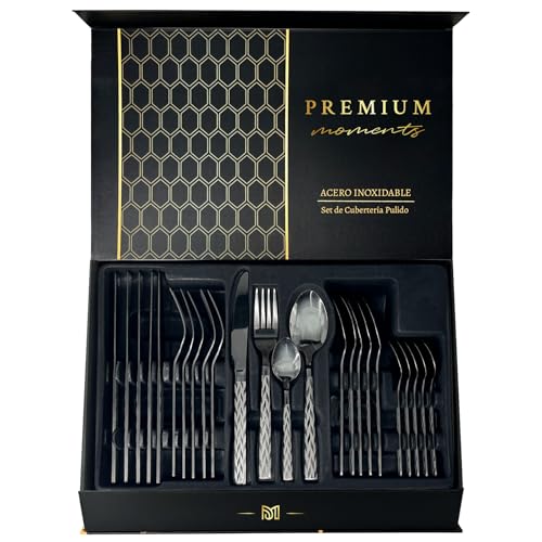 Cubertería Negra 24 Piezas Acero Inoxidable – Set Moderno Negro Mate y Brillante con Grabado Geométrico – 6 Servicios Elegantes – Apta Lavavajillas – Regalo Premium para Hogar