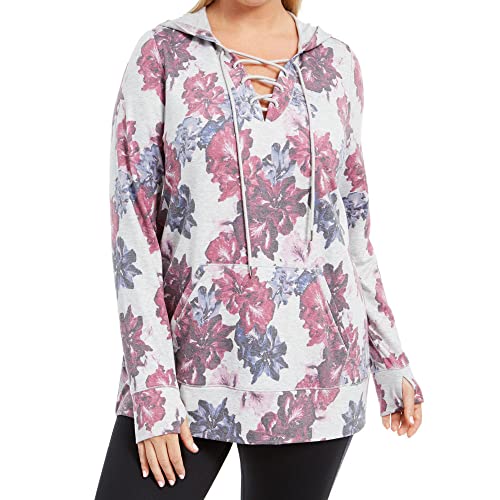 Ideology Women's Floral-Print Lace-Up Hoodie Gray Whisper Size Large