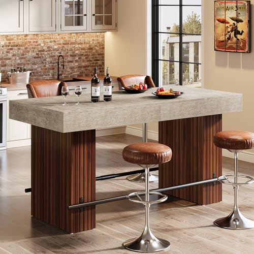 Image of Tribesigns 62.2 Inch Bar Table, Industrial Bar Height Counter Table, Rectangular Home Bar Units with Metal Footrest for Home Kitchen, Dining Room, Bistro, Gray Cement and Red Brown