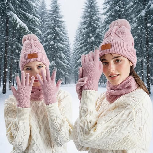4 Pieces Winter Hat Scarf Glove Set for Women,Fleece Lined Beanie with Pom Pom,Touchscreen Gloves Knit Scarf for Cold Weather3