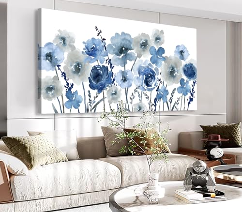 Image of VEAEE Flowers Canvas Wall Art - Indigo Floral Canvas Pictures Living Room Wall Decor Botanical Canvas Prints Painting Abstract Artwork Bedroom Office Home Decor 20 inchx 40 inch