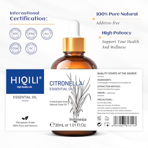 Image of HIQILI 1 Fl Oz Citronella Essential Oil, 100% Pure Undiluted for Aromatherapy Diffuser for Home - 30ML