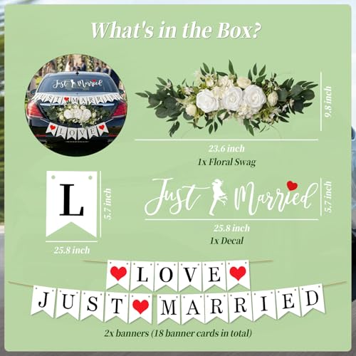 Image of Just Married Car Wedding Decorations Kit with Artificial Flower Floral Swag / Just Married Love Sign Banner and Car Bouquet & Window Decals, Wedding Car Accessories for Bridal Shower Honeymoon Decor