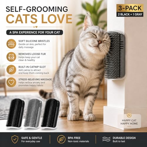 Cat Corner Self Groomer - 3 PACK - Wall Mounted Cat Grooming Brush for Indoor Cats, Self Grooming Pet Brush with Adhesive & Screws, Corner Massager for Shedding & Itching Relief - Image 2