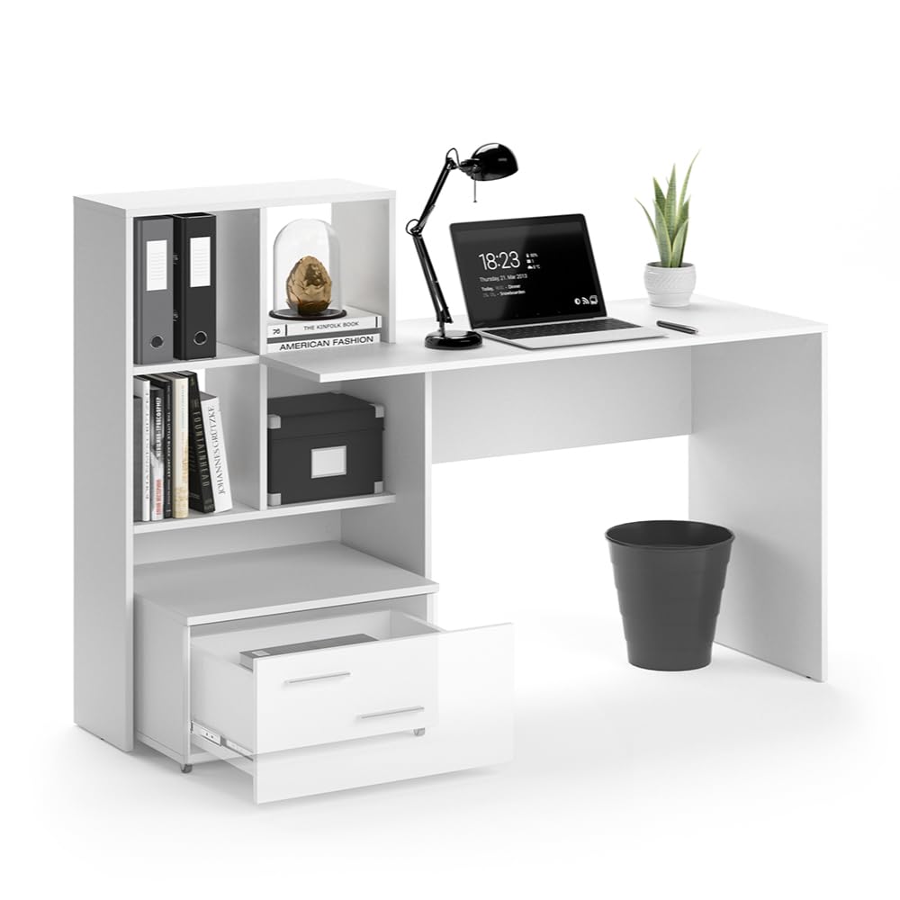 Vicco Scrivania Lorio, Bianco, 149.2 x 49.8 cm | con ripiano aperto e vano estraibile per appoggio