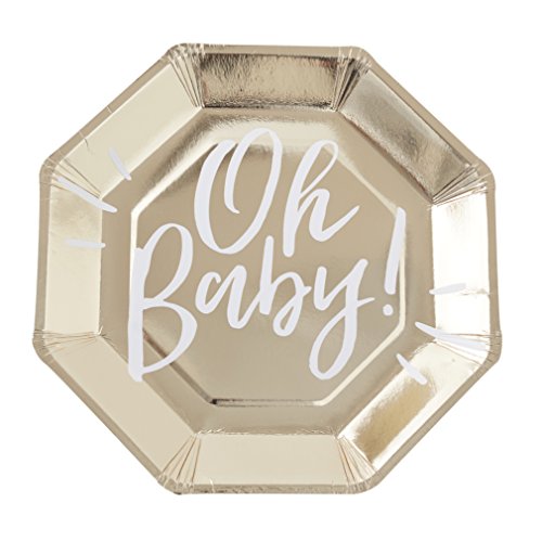 Ginger Ray Gold Foiled Oh Baby Shower Paper Party Plates 8 Pack