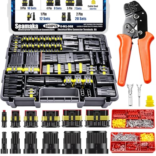 Seamaka 1008PCS 63 Sets Waterproof Automotive Wire Connectors Kit 1/2/3/4/5/6 Pin Automotive Replacement Electrical Accessories Plug Connectors Kit Male and Female Connector with Ratchet Crimping Tool