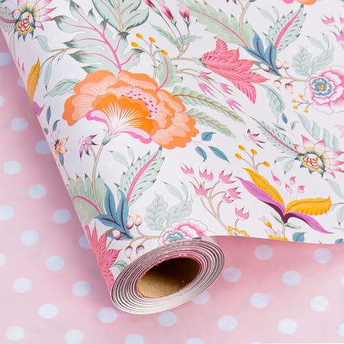 Merture Floral Wrapping Paper Roll with Pink Polka Dots Reverse -...