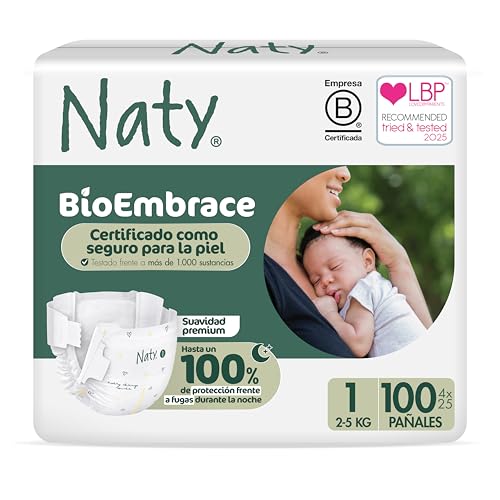 Naty BioEmbrace Pañales para Recién Nacidos Talla 1 (2–5 kg) | 100% Biobasados en contacto con la piel | Suavidad de origen vegetal, Dermatológicamente testado, Súper Absorbente | 100 Unidades