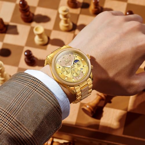 Image of OLEVS Men Watch Blue Gold Analog Quartz Stainless Steel Waterproof Luminous Date Luxury Casual Watch