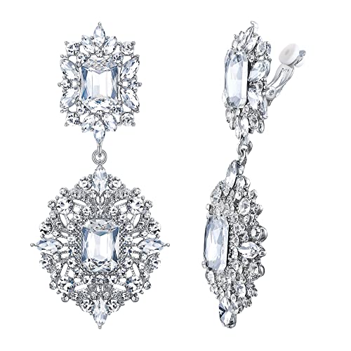 Flyonce Women's Rhinestone Crystal Art Deco Vintage Style Gatsby Clip-on Dangle Chandelier Earrings