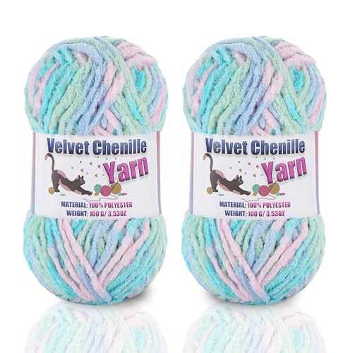 Image of 2 * 100g /3.5oz Fluffy Chenille Yarn for Crocheting, Chunky Velvet Yarn for Crochet Amigurumi, Used for Making Baby Yarns Blanket, Clothes, Pattern Knitting Creations (Candy Color)