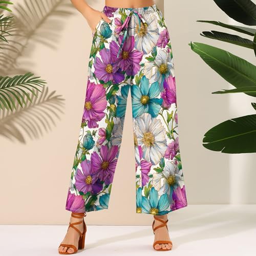 Womens Boho Floral Wide Leg Pants Casual Loose Elastic High Waisted Drawstring Palazzo Pants with Pockets3