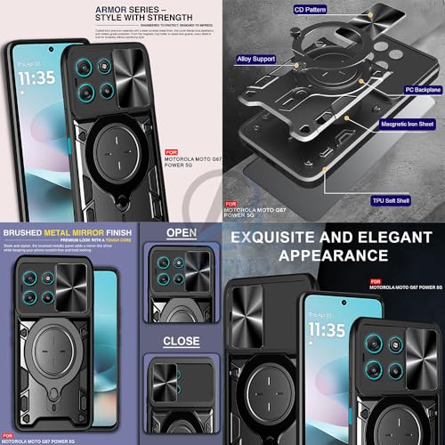 Image of AESTMO Armor Motorola Moto G67 Power / G57 Power 5G Bumper Back Case Cover | Ring Holder & CD Pattern Sliding Camera Shutter Cover | Back Case Cover for Motorola Moto G67 Power / G57 Power 5G (Black)