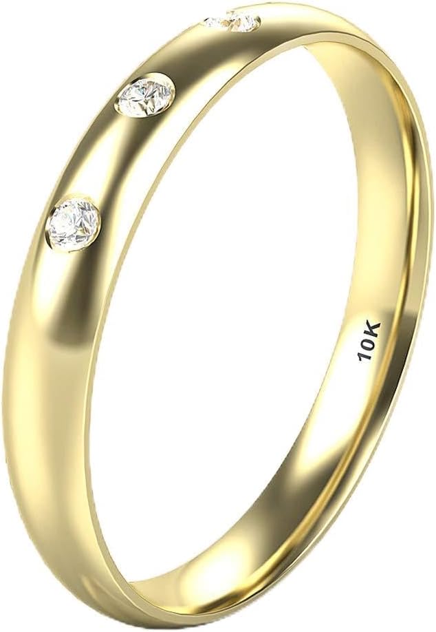Kobelle 10K White/Yellow/Rose Gold 3 Diamond 3MM Dome Wedding Anniversary Band Ring