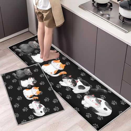 Hoimlm Lot de 2 Tapis de Cuisine antidérapants, Absorbe l'eau et l'huile, Résistant à la poussière Tapis de Cuisine,Tapis de Sol pour l'intérieur (Chaton,...