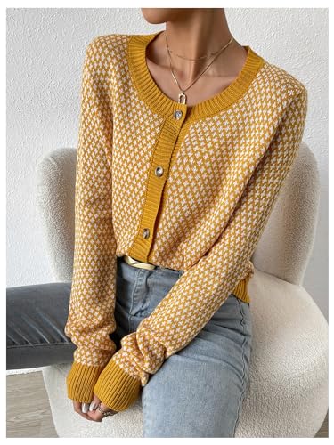 Image of GORGLITTER Women's Button Up Cropped Cardigan Checkered Colorblock Long Sleeve Lightweight Cardigan Sweaters