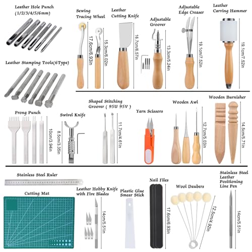Image of Jupean Leather Working Kit, Tooling Tool Kit With Stamping Tools Storage Bag Cutting Mat Prong Punch Waxed Thread Stitching Groover For Craft
