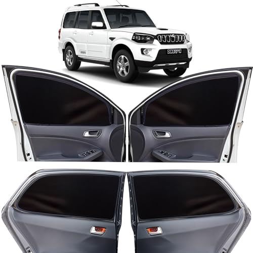 Image of OTO2EYE Car Sun Shade Compatible for Mahindra Scorpio Classic Model 2019 to 2022, Z-Black Super Magnetic Grip, Front Window Zipper, Side Window Curtains, 6 Pieces Set