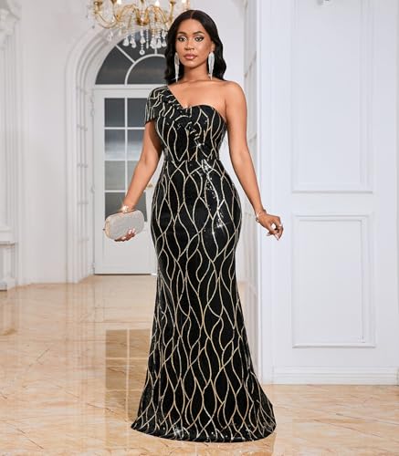 Image of Cololura Women Sexy Sequin One Shoulder Mermaid Formal Party Cocktail Gowns Bodycon Evening Maxi Dress