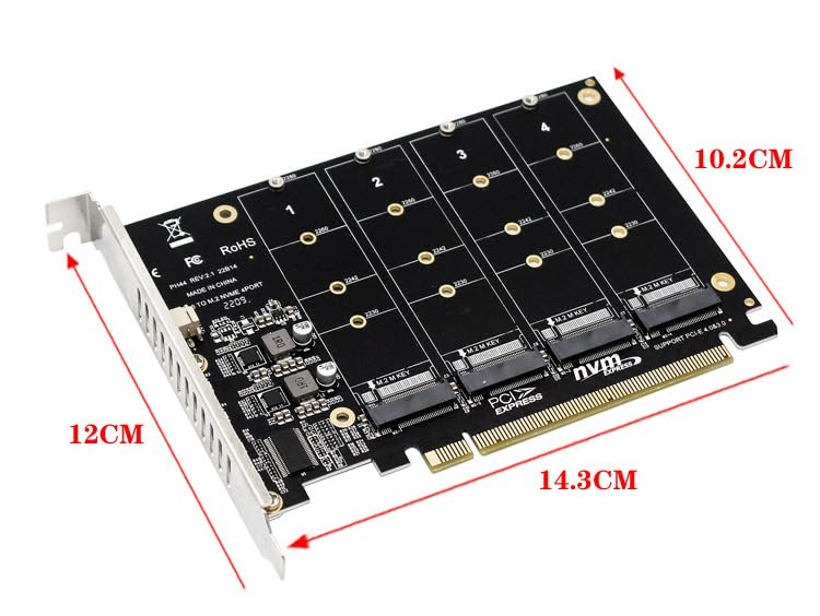 PCIe 4.0 Quad NVMe Adapter Card, 4-Port M.2 SSD Controller, x16 Quad PCI-e 4.0/3.0 x16 Expand Controller Card (PCI-e Bifurcation Required)