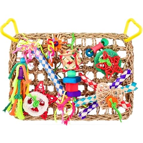KATUMO Bird Toys, Large-Sized Parrot Foraging Wall Grass Mat Conure Chewing Hanging Toys Cockatiel Climb Hammock Parakeet Toys for Small-Medium Birds Cover