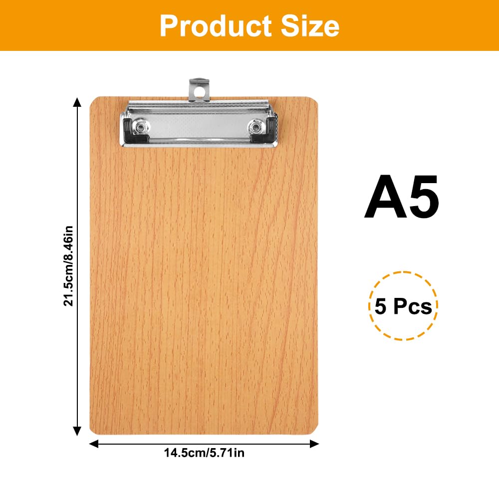 5 Piezas A5 Portapapeles con Pinza, A5 Portapapeles de Madera con Pinza y Agujero para Colgar, Tableros con Pinza para Notas, Carpeta con Pinza, para Escuela Oficina Restaurante (14,5x21,5 cm)