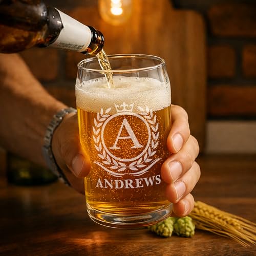 Image of Personalized Beer Glass for Men - 16 oz Custom Beer Glass (4 Designs) - Engraved Name & Initial Monogram Design - Custom Glass Cup - Gift Ready Box - Groomsmen, Father's Day, Birthday Gift
