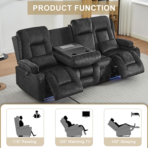 Image of URRED Power Loveseat Recliner Sofa with Massage and Heat, Wall Hugger Reclining Loveseat with Console, RV Couch Home Theater Seating with LED Lights for Living Room (Dark Grey, 89.8 inch - 3 Seats)