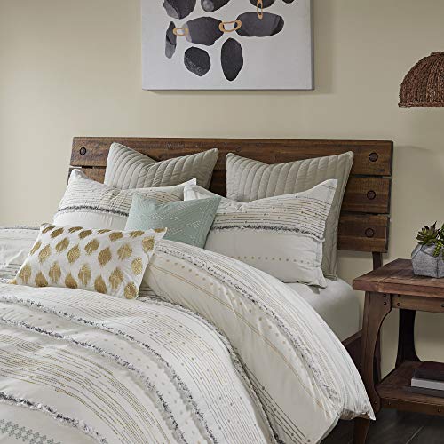 Image of INK+IVY Luxurious Cotton-Bedding Set - Mid Century Trendy Geometric Design, All Season Cozy-Cover With Matching-Shams, Full /Queen, Nea Trims Grey /Multi