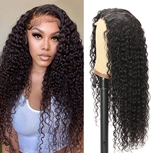 aliluner Lace Front Wigs Human Hair Deep Wave Pre Plucked Glueless 5x5 HD Lace Closure Human Hair Wigs for Black Women with Baby Hair 150% Density Natural Color 20 Inch
