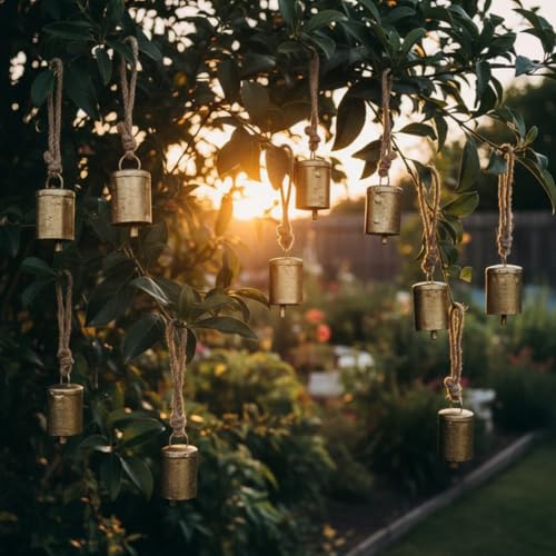 Image of Pack of 10 Vintage Rustic Mini Bells with Rope | Decorative Hanging Ghanti for Home, Diwali Pooja, Wall Decor, Christmas & Craft Supplies
