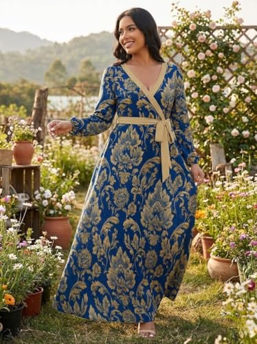 Image of Women Plus Size Long Sleeve V Neck Maxi Dress with Belt | Soft fabric relaxed fit three quarter sleeve v neck with pockets for party and daily wear