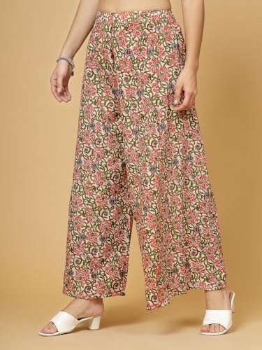 Image of Pistaa's Women's Regular Fit High Rise Pure Cotton Big Flair Printed Regular Palazzo