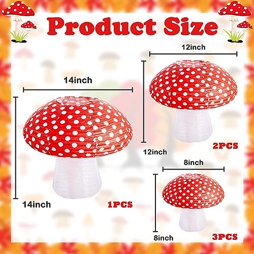 Image of Mushroom Paper Lanterns 6 Pcs Mushroom Hanging Paper Lanterns 3 Size Paper Lantern Bedroom for Alice in Wonderland Themed Birthday Baby Shower Fairy Theme Party Decorations