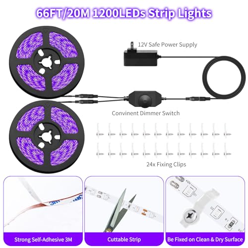 Image of Dimmable Black Light Strip Kit 66ft /20M 1200 LEDs, 12V Flexible Blacklight Fixtures, 385nm-400nm, Black Light LED Strip for Glow Party Fluorescent Poster Halloween Indoor Bedroom Decor, Non-Waterproof
