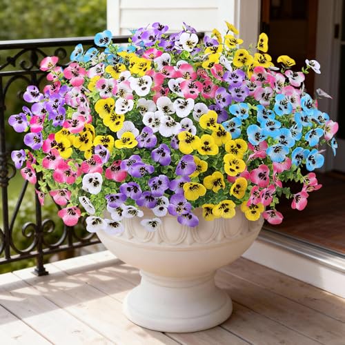 Image of Bassion 16 Bundles Artificial Pansy Flowers for Outdoors Decor, Colorful