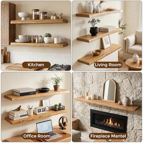 Image of Dreamland 72 Inch Floating Shelves for Wall, Solid Elm Wood Live Edge Wall Shelves for Living Room, Bedroom, Kitchen, Bathroom, Wall Mounted Long Floating Shelf Set of 1, Natural