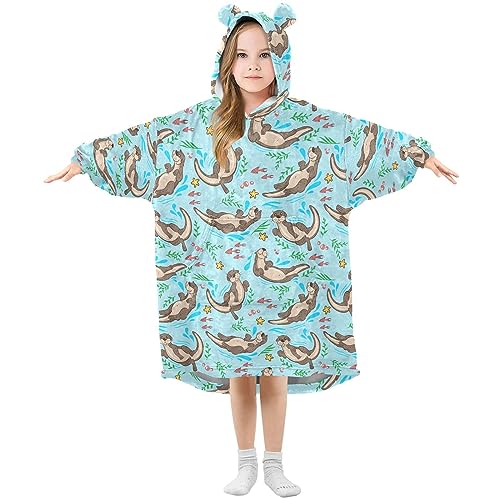 JHKKU Cute Otters Wearable Blankets for Kids, Oversized Flannel Blanket Hoodie for Kids, Warm Blanket Hoodie for Boys Girls with Pockets
