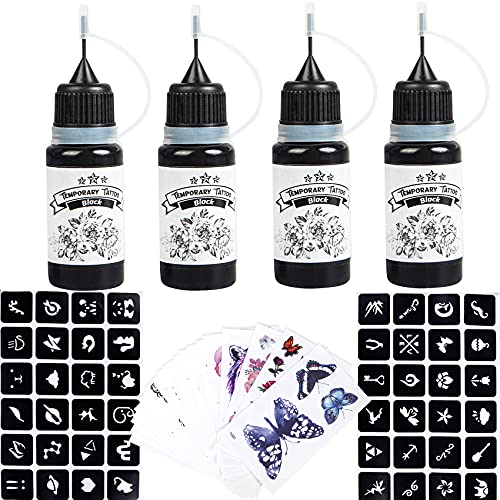Temporary Tattoo Kit, 4 Bottles Temporary Tattoo Ink with Tattoos Stencils, Semi Permanent Tattoo, 20 Sheets Long Lasting Temporary Tattoos for Men Women, Fake Tattoo