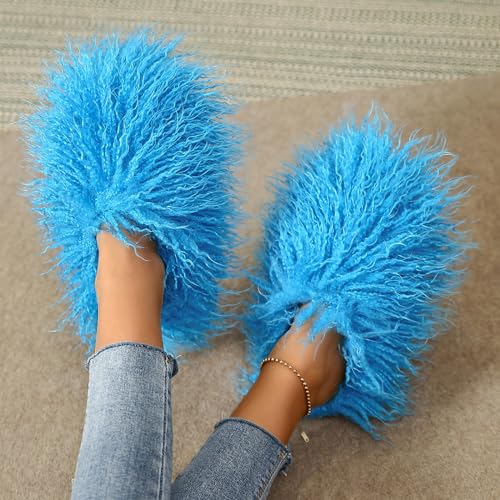 Image of Unisex Fuzzy Faux Fur Slippers, Women's Fluffy Long Hair Sheep Faux Fur Slip on Slides, Girls Luxury Big Fluffy Outdoor Flat Slippers, Long Curly Hair Non-Slip Warm Home Slide Shoes